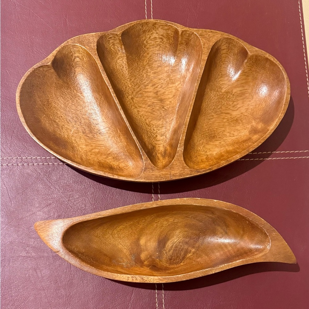 Vintage Monkey Pod Wood Leaf and Divided Serving Dish, Set of 2